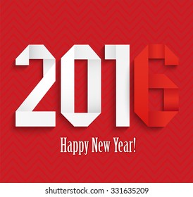 New 2016 year greeting card made in origami style on the red background, vector illustration