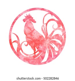 New 2017 year symbol of cock in circle. Crowing rooster with scrolling tail. Red watercolor abstract texture. Vector illustration. Chinese horoscope.