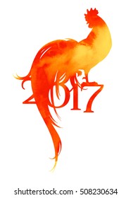 New 2017 year symbol of cock with watercolor texture in shades yellow and red. Rooster with scrolling tail. Vector illustration. Chinese horoscope.