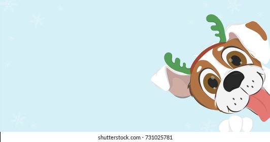New 2018. Chinese year of the dog. Funny dog with reindeer horns and Santa hat on a blue background with snowflakes. Colorful vector illustration.