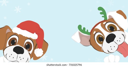 New 2018. Chinese year of the dog. Funny dogs with reindeer horns and Santa hat on a blue background with snowflakes. Colorful vector illustration.