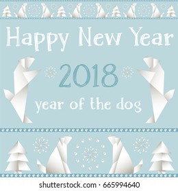 New 2018. The Chinese year of the yellow dog. Christmas card with dogs on a blue background. Made in the style of origami. Paper origami.