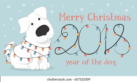 New 2018, a horizontal card. The Chinese year of the yellow dog. Greetings with funny white dog and Christmas lights. Colorful vector illustration in cartoon style.