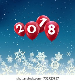 New 2018 year balloons design. Happy balloon vector decoration on winter snowflake backdrop for new year celebration.