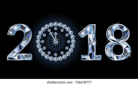 New 2018 year with diamond clock, banner, vector illustration