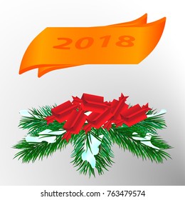 With the new 2018 year, a green branch of pine with snow and cantilevers