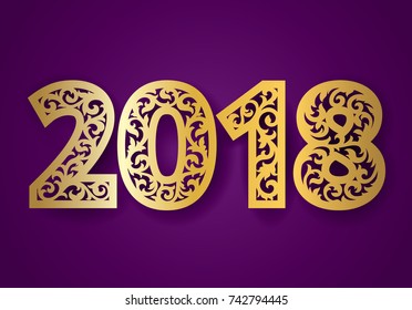 New 2018 year numbers ornate for laser cutting with pattern of snowflakes. Cutout paperwork. Laser cut plastic or wood panel.