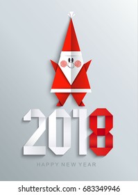 New 2018 year paper greeting card made in origami style with paper Santa, vector illustration.