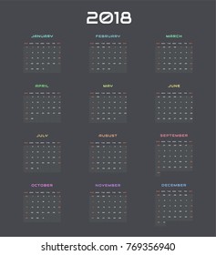 New 2018 year vector calendar on dark background in minimal simple style. Week starts in Sunday, color names twenty month calendar. Work and holiday events planner, business organizer template