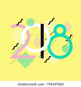 New 2018 Year vector design element in trendy futuristic memphis style. 80's looking digits text art