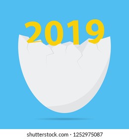 New 2019 born from an egg. Conceptual flat design.