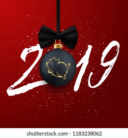 New 2019 Chinese Year of the pig, realistic decorative Christmas ball with animal icon, card, postcard, vector illustration