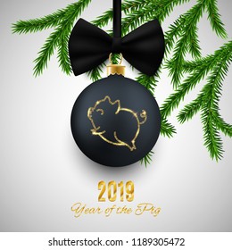 New 2019 Chinese Year of the pig, realistic decorative Christmas ball with animal icon, card, postcard, vector illustration