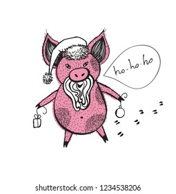 New 2019 postcard. Chinese year of the pink pig santa claus.  Portrait funny pig and gift. Vector illustration in sketch style.