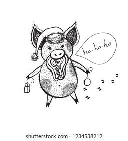 New 2019 postcard. Chinese year of the pig santa claus.  Portrait funny pig and gift. Vector illustration in sketch style.