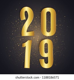 New 2019 year greeting postcard realistic gold paper text, vector illustration