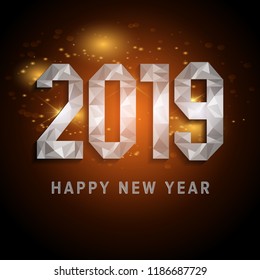 New 2019 year paper greeting card made in origami style, vector illustration. Perfect for presentations, flyers and banners, leaflets, postcards and posters. EPS10 with starry background.