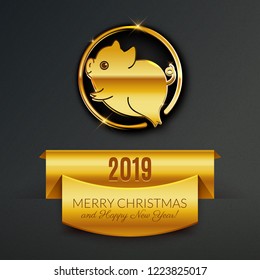 New 2019 year of the pig postcard design, gold shiny symbol, vector illustration