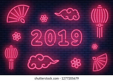 With the new 2019 year of the Pig set in neon style. Vector illustration EPS 10.