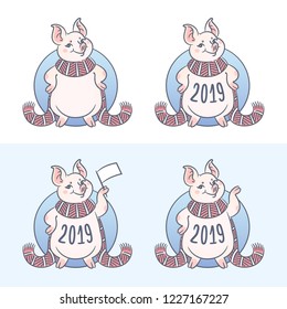 New 2019 Year of Pig vector clipart. Cute Chinese zodiac cartoon character wearing a scarf and waving a flag celebrating New Year holiday. Image for corporate greeting cards with blank space for logo.