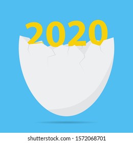 New 2020 born from an egg, Conceptual flat design, new year illustration on blue
