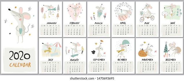 New 2020 year calendar with cute mice in cartoon style