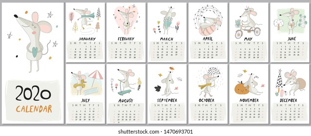 New 2020 year calendar with cute mice in cartoon style