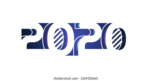 New 2020 year design template on white background. Geometry number and text with blue gradient. Modern composition with line graphic element. Vector illustration. Concept for holiday print, web banner