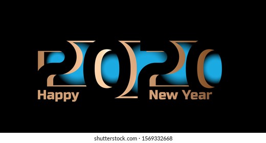 New 2020 year design template on black background. Gold texture number and text with blue gradient. Modern composition with light and shadow. Vector illustration. Concept for holiday print, web banner