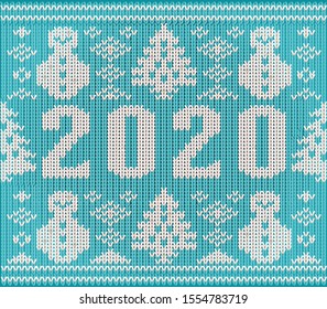 New 2020 year knitted pattern wallpaper with snowman and xmas tree, vector illustration