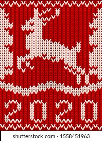 New 2020 year knitted pattern background with xmas deer, vector illustration