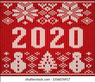 New 2020 year knitted wallpaper with snowman and xmas tree, vector illustration