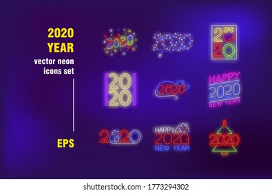 New 2020 Year neon signs set. Numbers, rat, fairy light, Christmas tree. Night bright advertising. Vector illustration in neon style for festive banners, postcards, greeting cards design