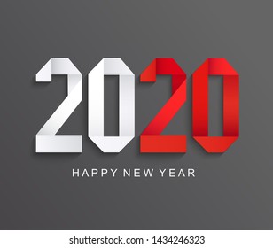 New 2020 year paper greeting card on dark background made in origami style with red number 20. Perfect for presentations, flyers and banners, leaflets, postcards and posters. Vector illustration.