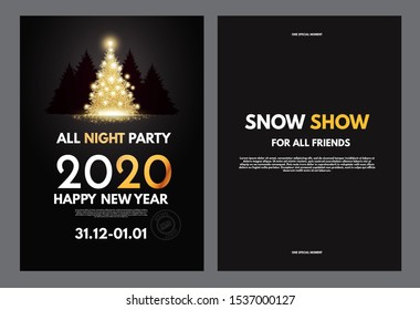 New 2020 year party flyer template with gold shining Christmas tree and coniferous forest.
