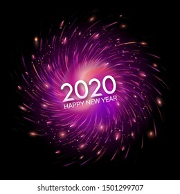 Nuevo año 2020. Vector. Coloridos antecedentes de Navidad. Explosión de fuegos artificiales festivos en el cielo nocturno. Fuegos artificiales multicolores con luces parpadeantes. El efecto del brillo y la energía. Alegría y diversión. Lugar 