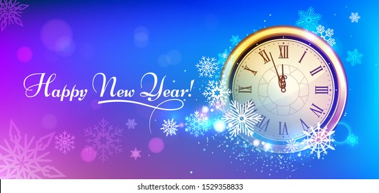 New 2020 Year winter clock. Winter holidays snowflakes New Years Eve clock party сountdown. Xmas holiday season poster, christmas party invitation card vector illustration