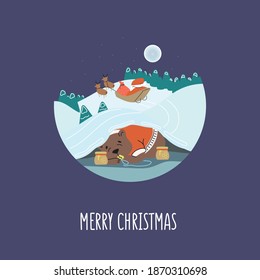 New 2021 and Christmas scene. Scene of holiday and home comfort. Vector image drawn by hand. Print for products 