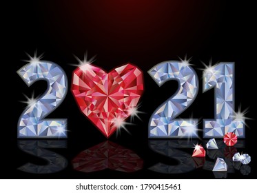 Nuevo año diamante 2021 con fondo cardíaco de rubí, ilustración vectorial	