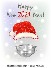 New 2021 Year card with medical mask and xmas hat, vector illustration	