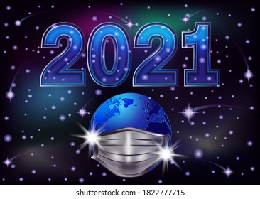 New 2021 Year card with night sky and planet in a medical mask, vector illustration	