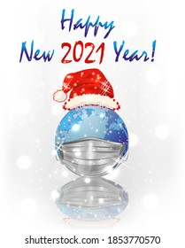 New 2021 Year card with planet in a medical mask and xmas hat, vector illustration	