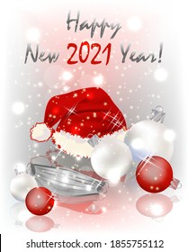 New 2021 Year card with xmas balls, medical mask and Santa Claus hat, vector illustration	