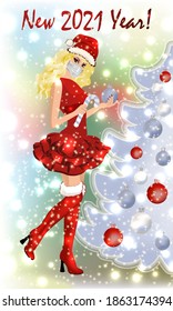 New 2021 Year greeting card Santa Claus girl with medical mask, vector illustration