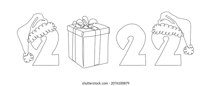 New 2022 year card with gift box and Santa Claus hats one line art. Continuous line drawing of new year holidays, christmas, weekend, celebration, decoration.