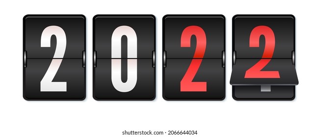 New 2022 year is coming. Mechanical scoreboard with numbers 2022. Realistic mechanical counter isolated on white. Vector 3d illustration