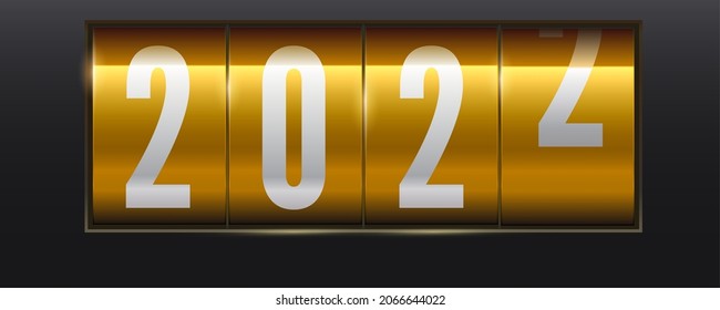 New 2022 year is coming. Yellow shining scoreboard with numbers 2022. Realistic mechanical counter. Vector 3d illustration