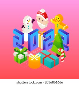 New 2022 Year Concept. Vector Illustration of Winter Holiday Isometry Greeting Card.