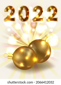 New 2022 year Merry Christmas VIP card with golden xmas balls, vector illustration