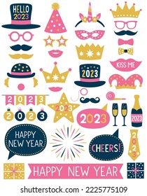 New Year’s 2023 Eve vector photo booth props set